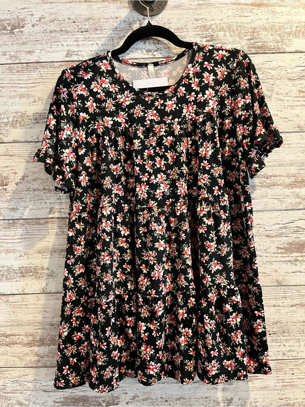 Celeste Black Tunic with Pink and Cream Floral Pattern
